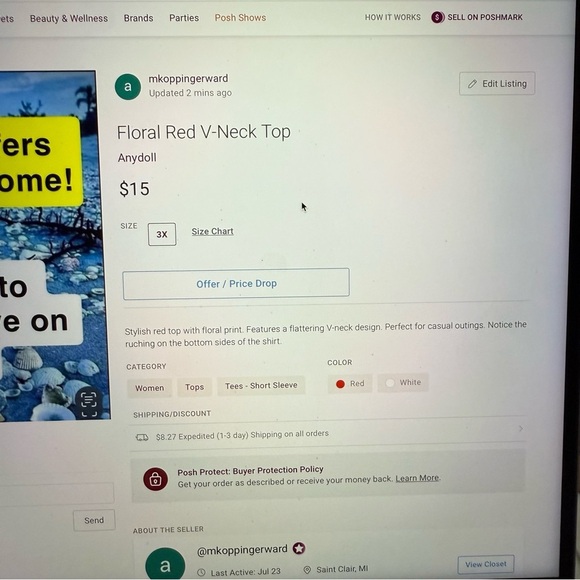 Red Floral Short Sleeve v-neck top with ruching - Picture 7 of 7